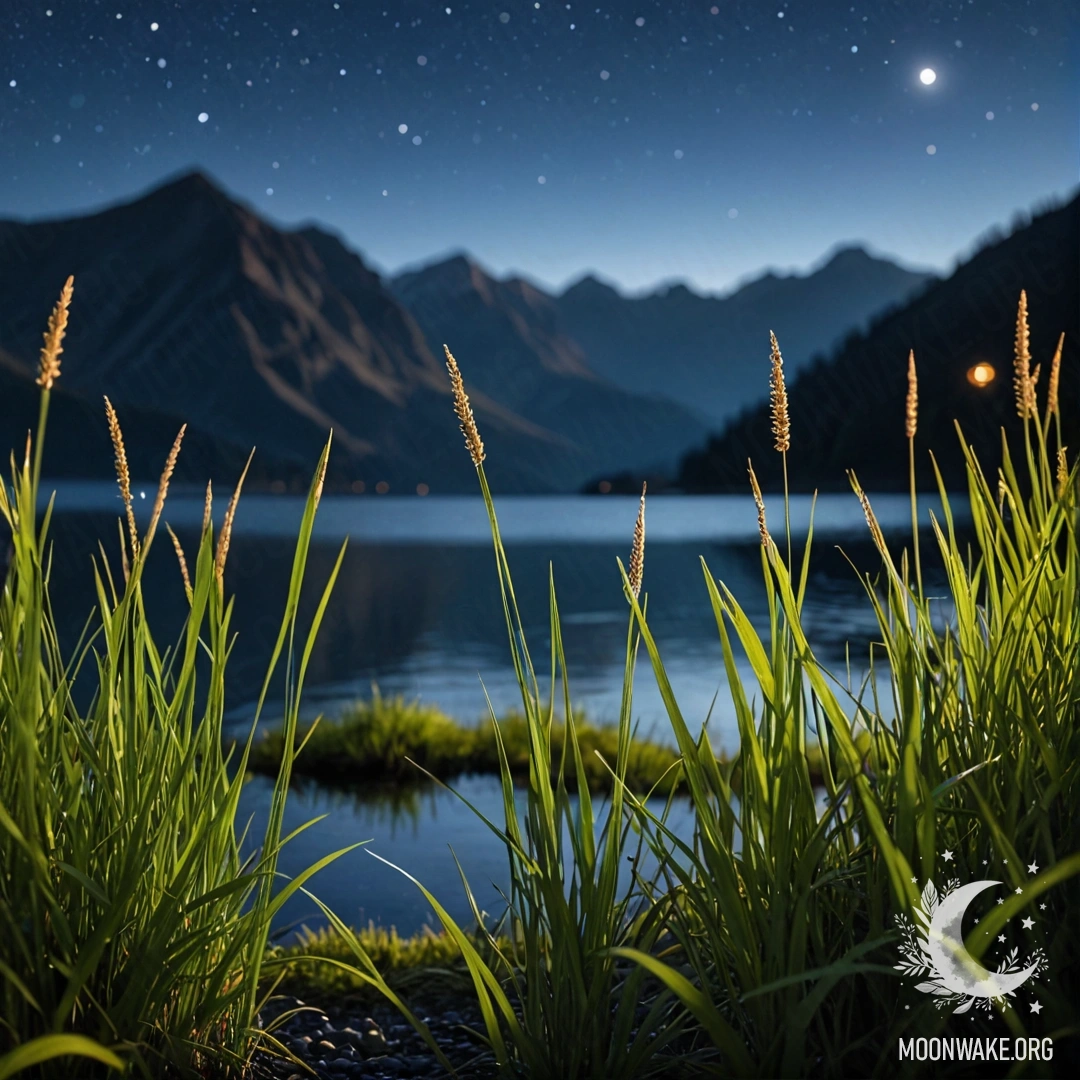 Close-up of grass in a calm field with a bokeh effect of a mountain lake at night.