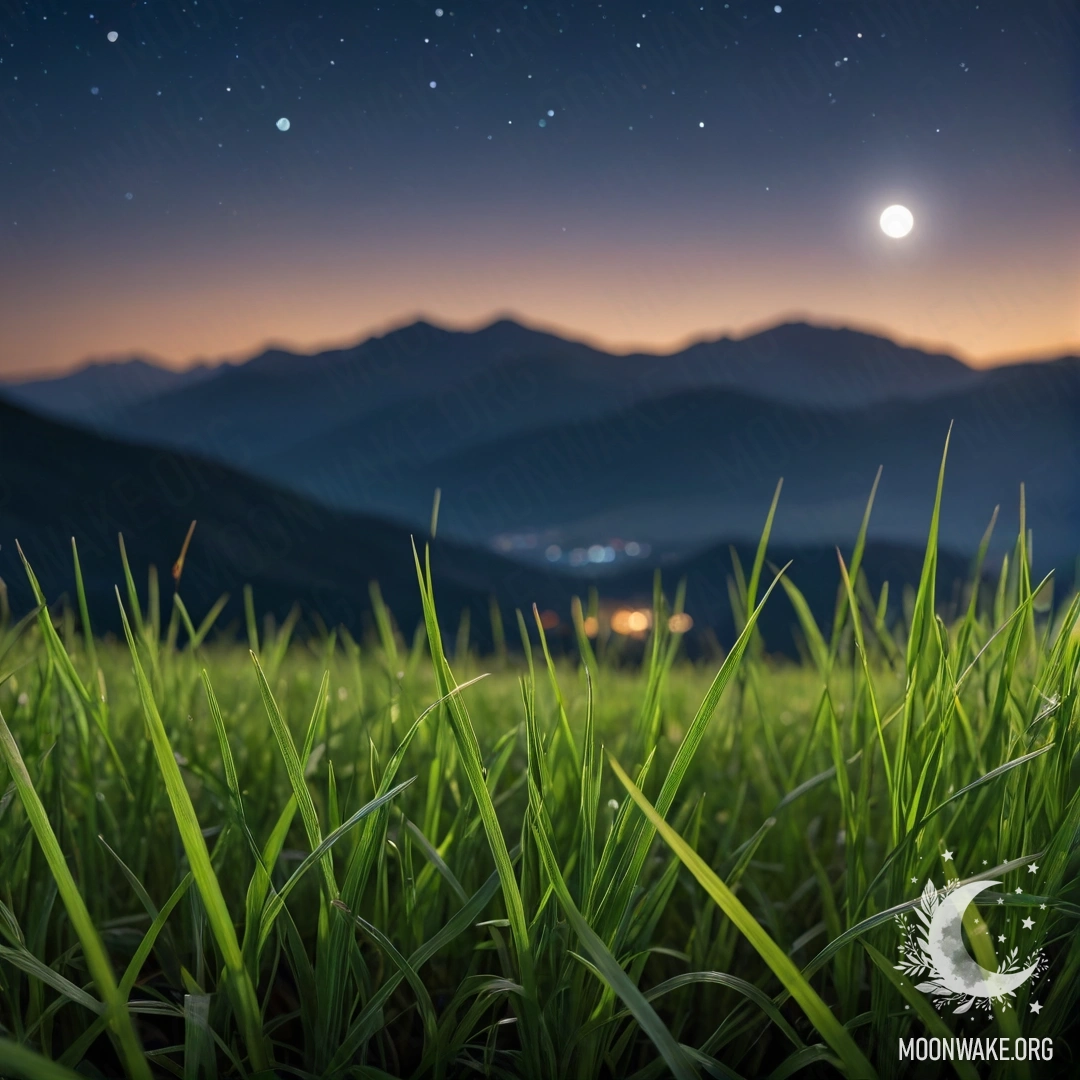 Close-up of grass in a calm field with blurred mountains in the background at night.
