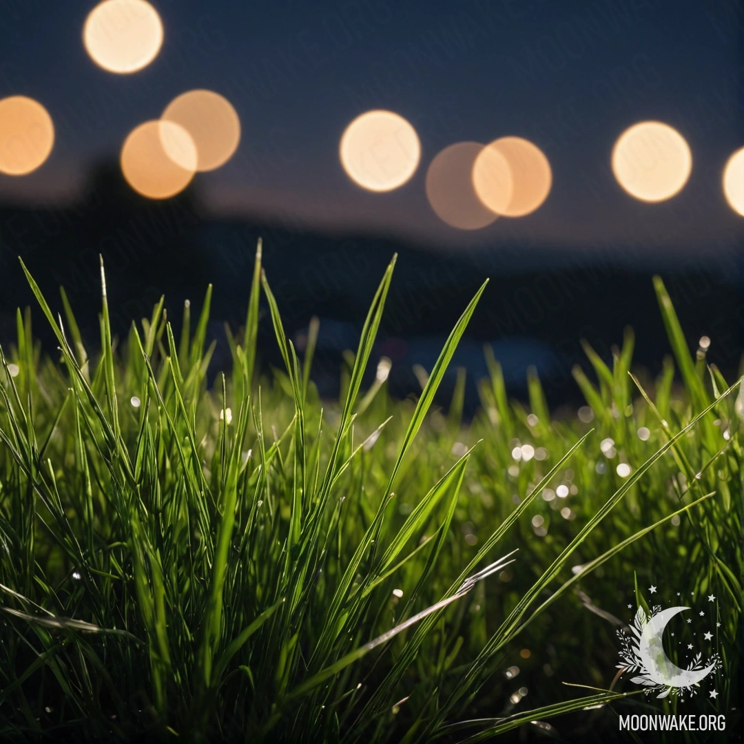 Close-up of grass in a calm field, illuminated by the night sky.