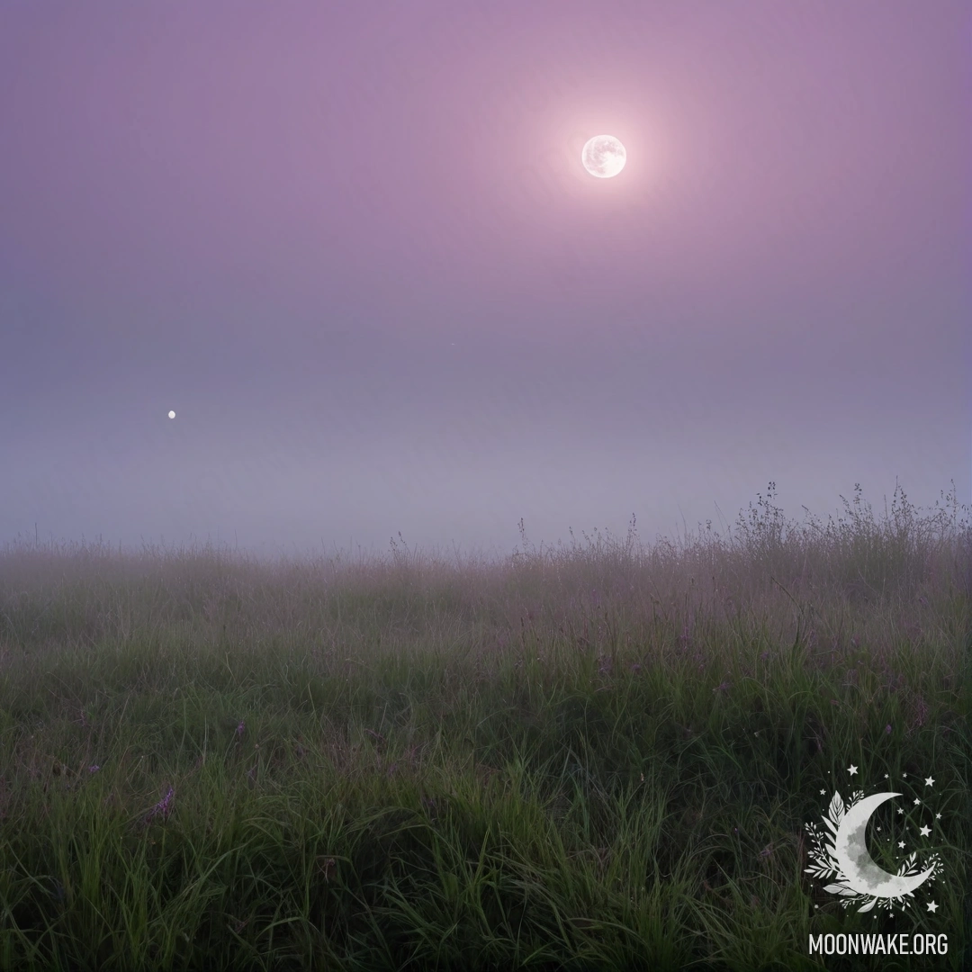 Calm Field Under a Pink Violet Sky A close-up view of grass in a calm field with a pink violet sky and the moon in the background.
