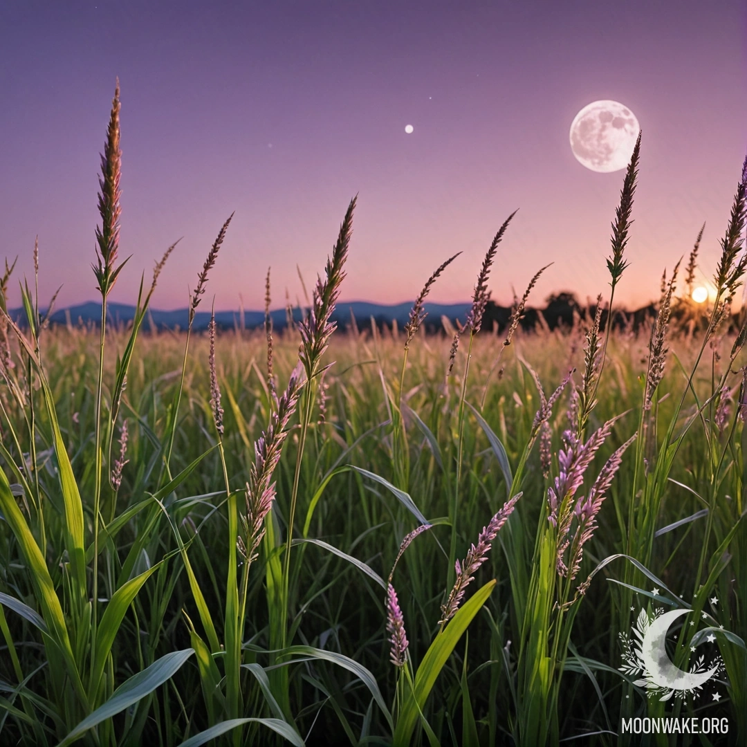 A close-up view of grass in a calm field with a pink violet sky and the moon visible.