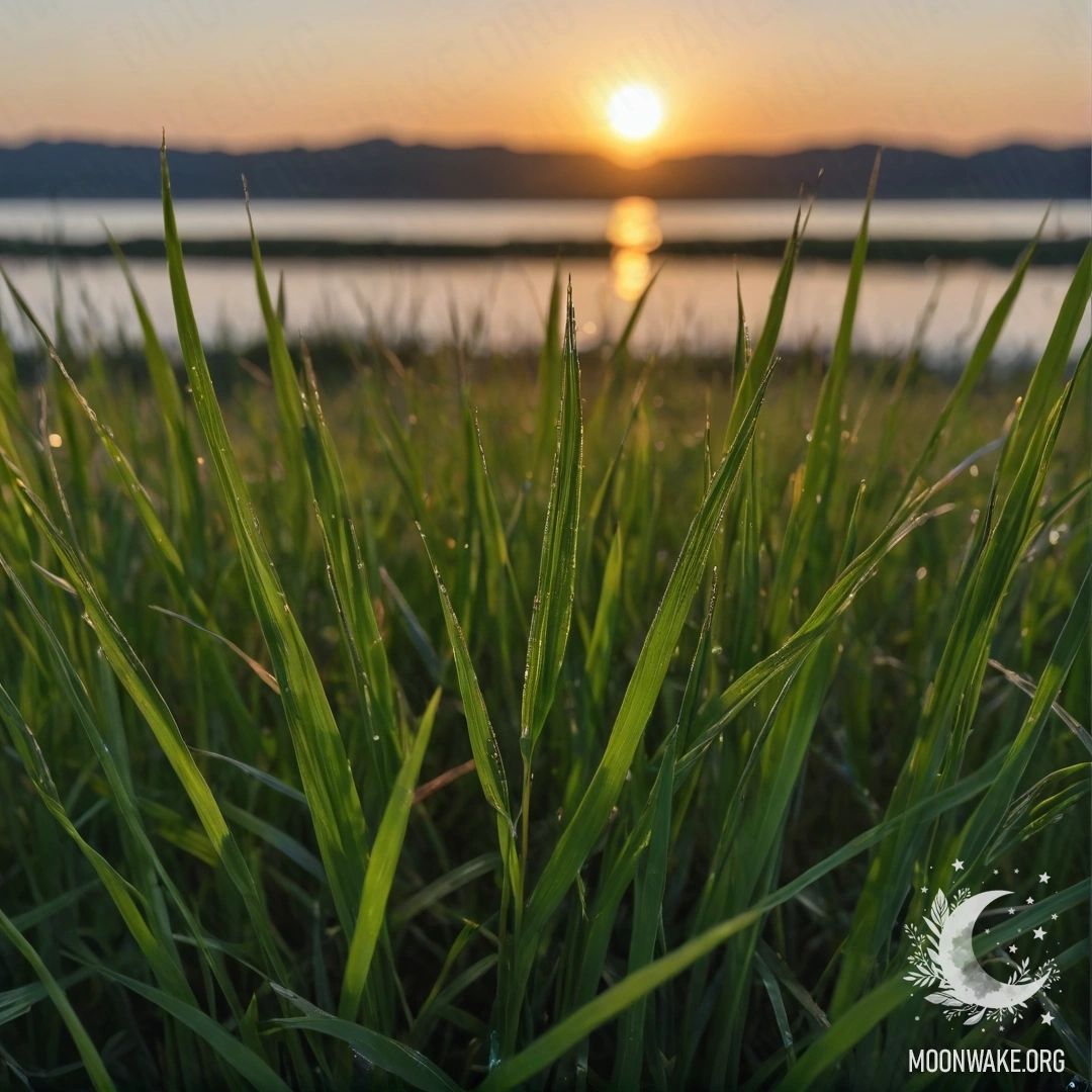 Close-up of grass in a calm field with a bokeh sunset background.