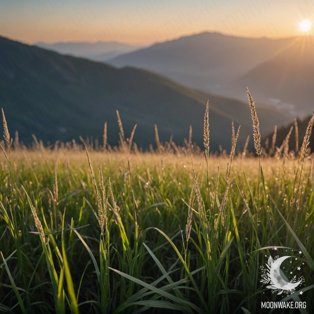 A close-up of grass in a calm field with blurred mountains in the background during sunset.