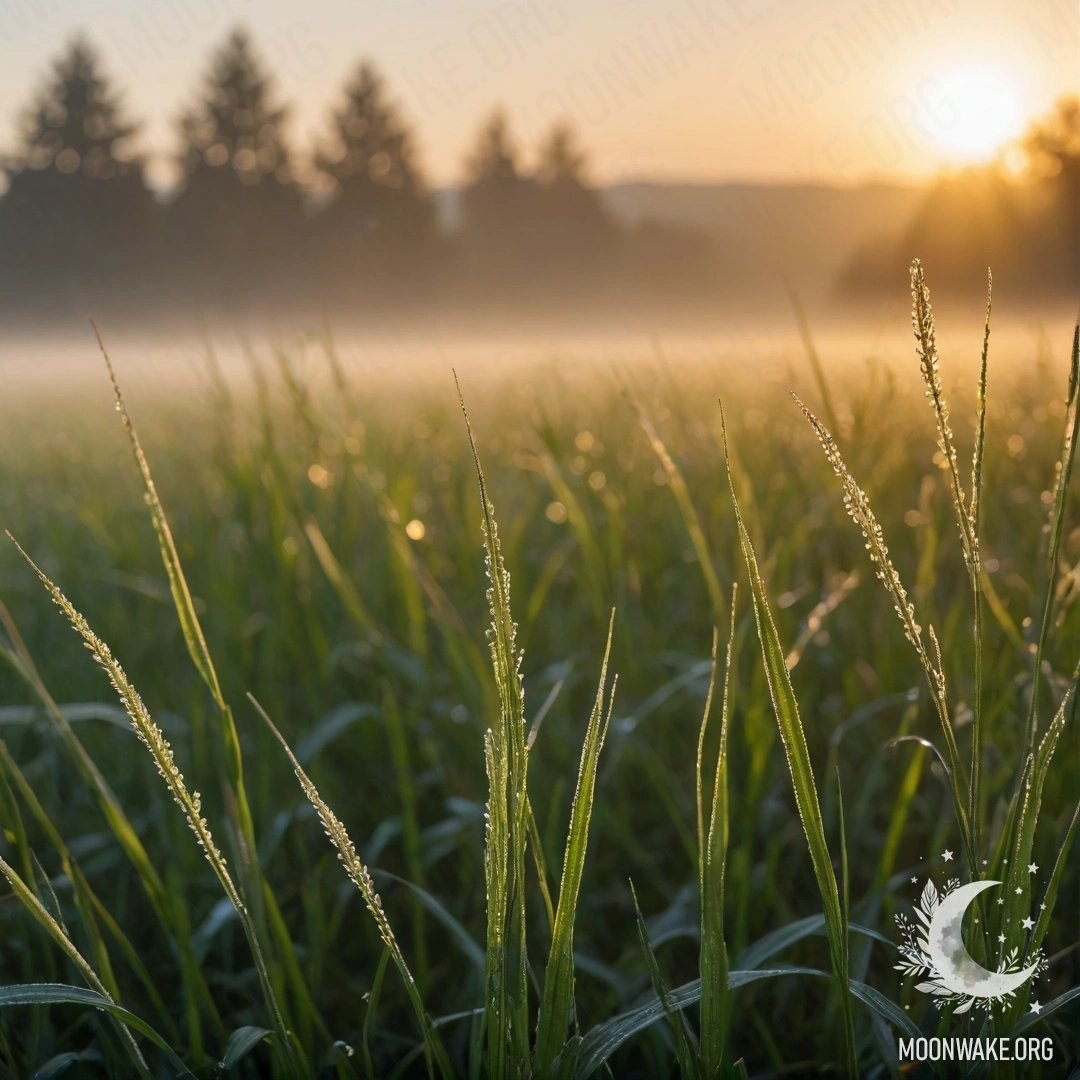 Calm Field at Sunset with Fog Close-up of grass in a calm field with a bokeh background and fog at sunset, with sun rays streaming through.