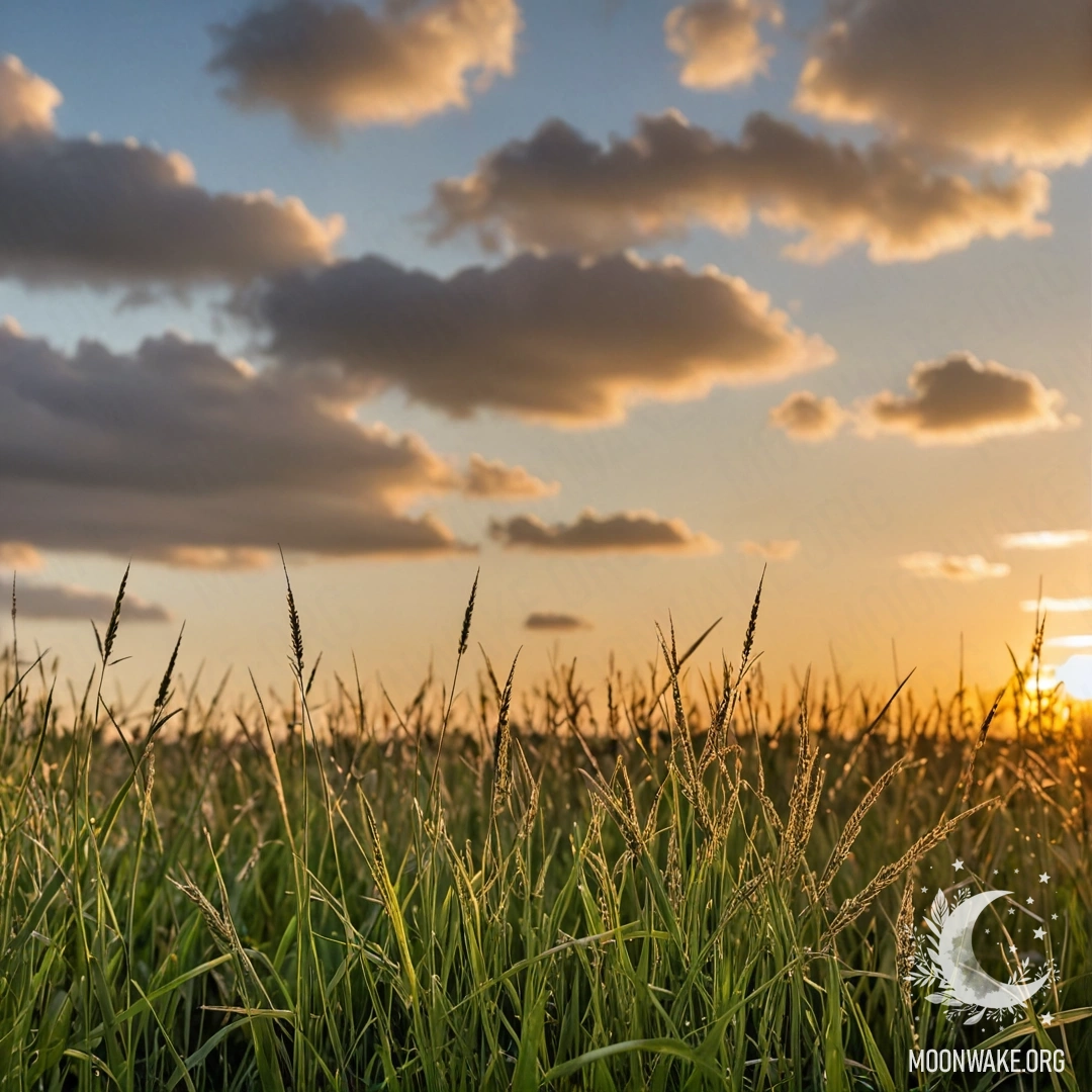 Calm Field at Sunset A close-up view of grass in a calm field with a bokeh sky at sunset.