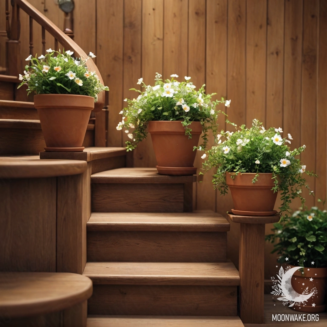 Wooden staircase adorned with flowerpots and garland lights.