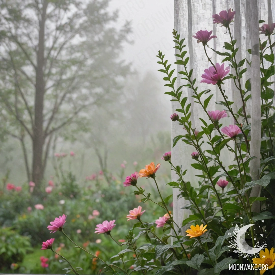 A close-up of a floral printed curtain, with a window behind and a blooming garden in soft focus outside.