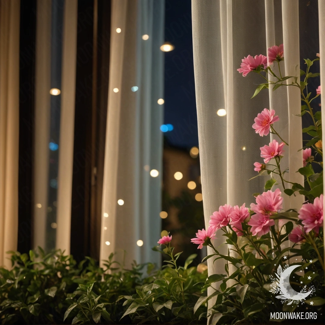 A close-up of a floral print curtain in front of a window, with a bokeh effect of a blooming garden outside at night.