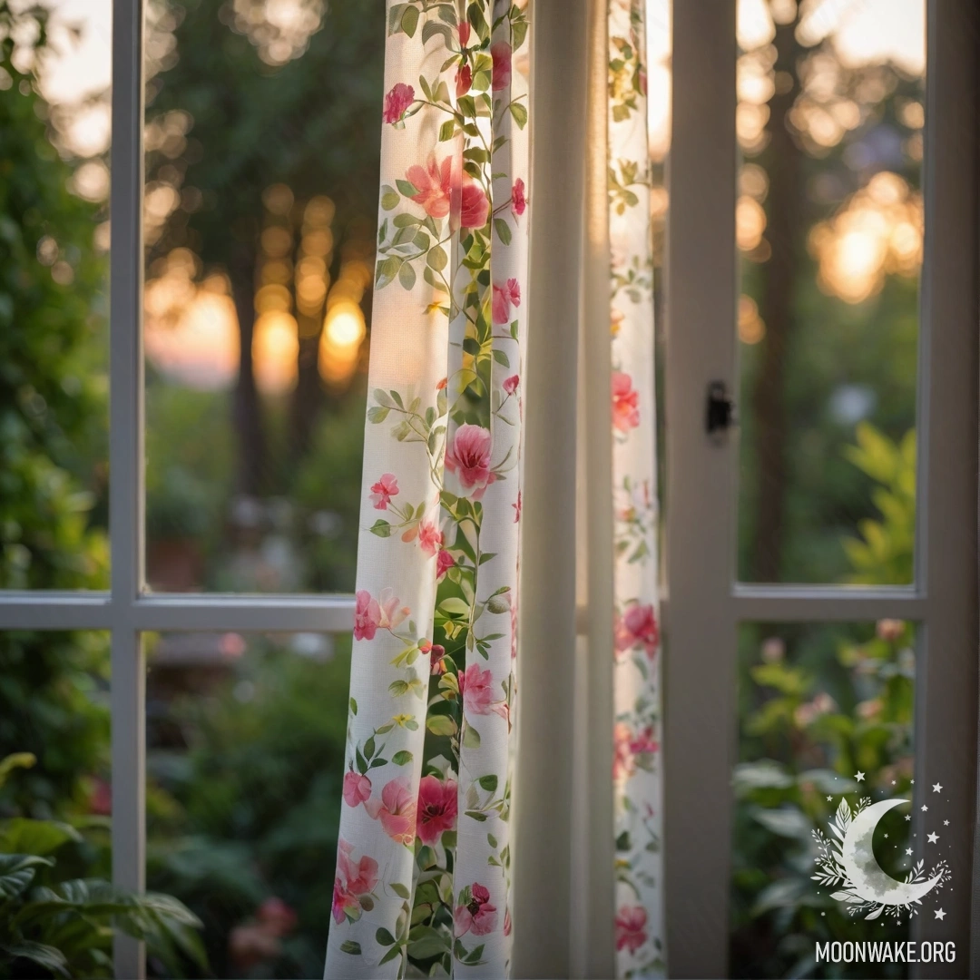 A close-up of a floral curtain beside a window overlooking a blooming garden at sunset.