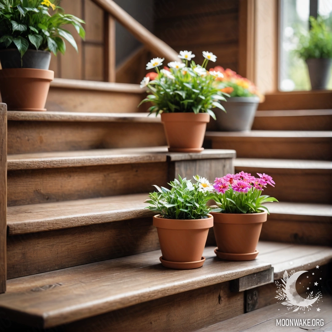 A wooden staircase adorned with flowerpots, creating a serene atmosphere.