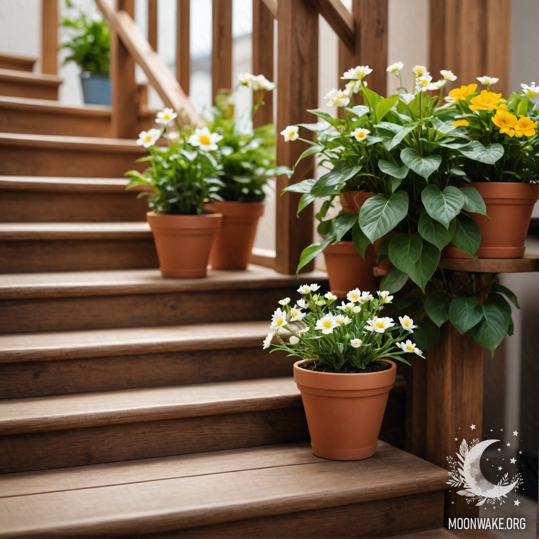 A serene wooden staircase adorned with flowerpots, creating a peaceful atmosphere.