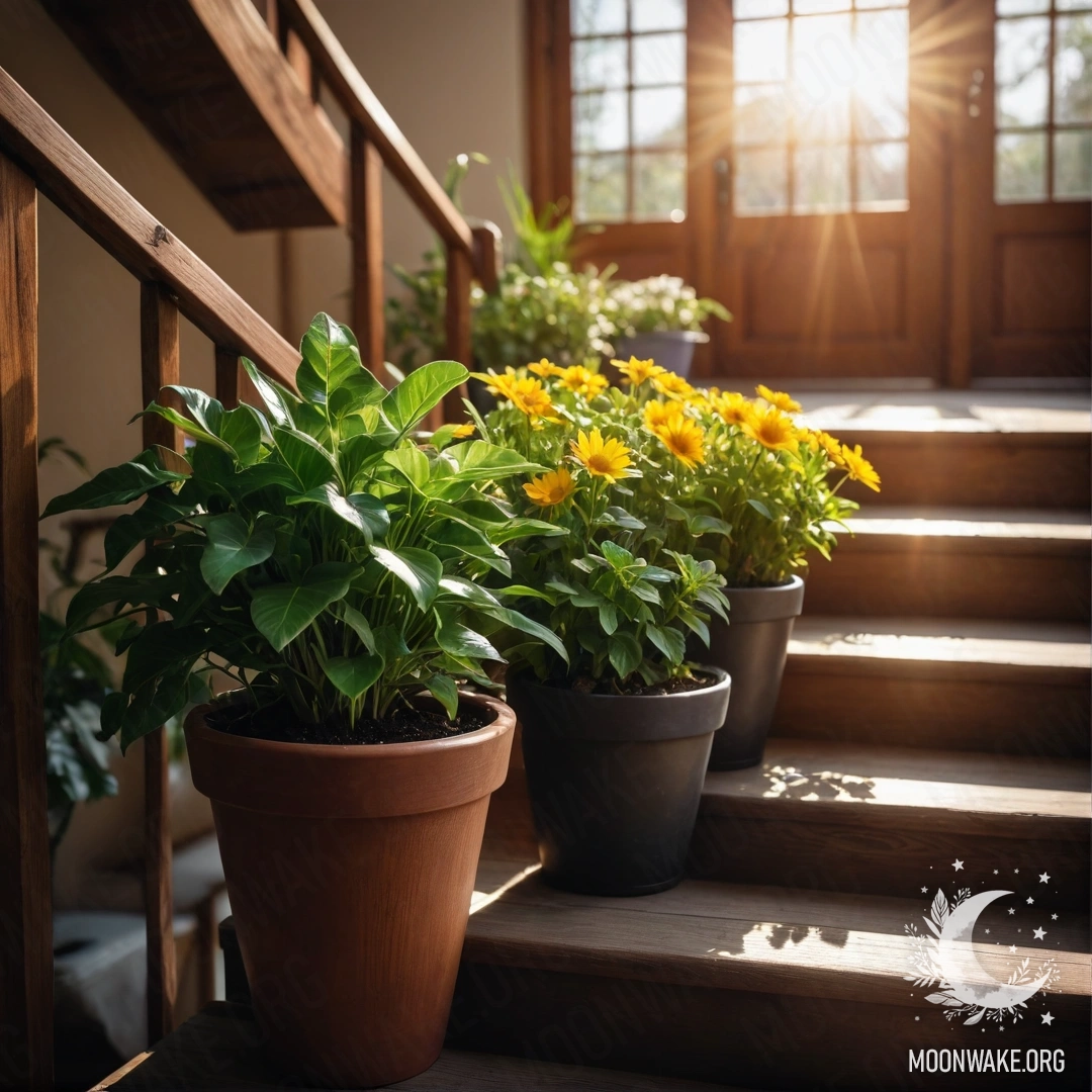 A serene wooden staircase adorned with flowerpots gently lit by sun rays.