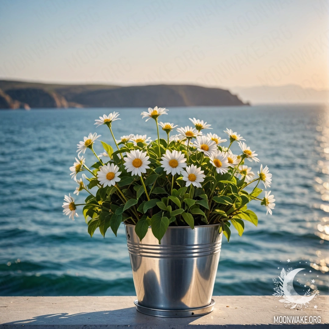 A small bucket-shaped flowerpot with calm flowers against a sea background with bokeh and sun rays.