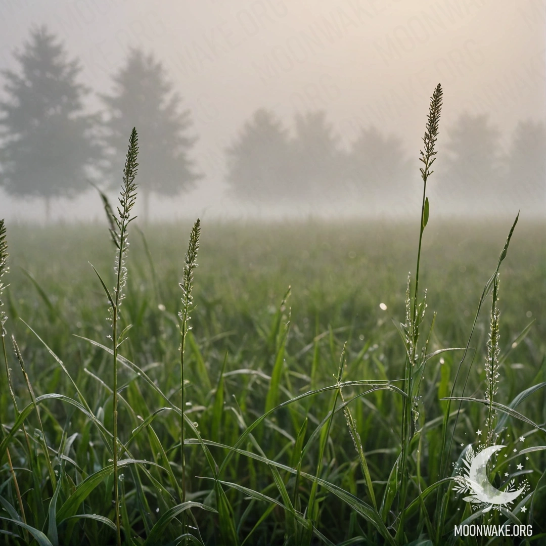 Calm Foggy Grass Field A close-up view of grass in a foggy field with a bokeh sky.