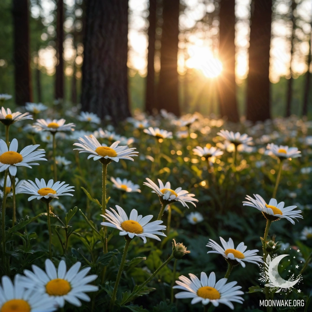 Calm Forest Sunset with Daisies A close-up of daisies illuminated by the sunset filtering through trees in a forest at night.