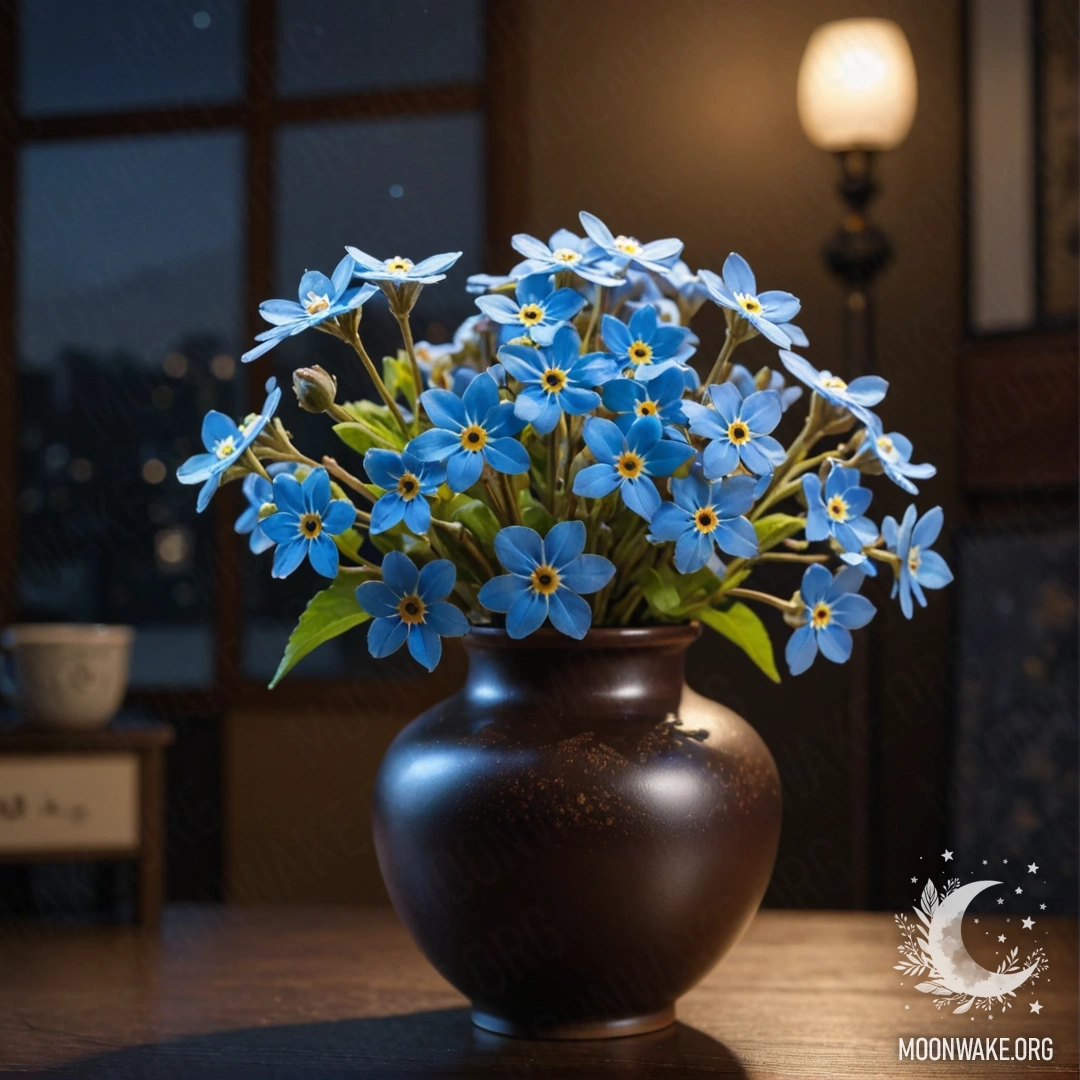 Calm Nighttime Forget-Me-Nots in Coffee Vase A vase filled with calm forget-me-nots at night, colored like coffee.