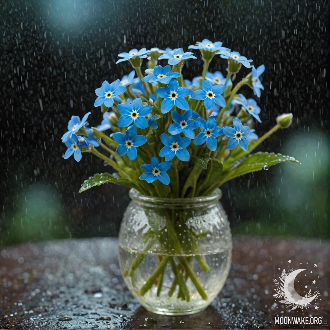Calm Forget-Me-Nots in a Mint Vase A vase filled with delicate blue forget-me-nots in misty rain at night.