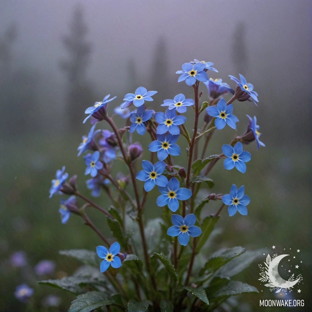 Calm Forget-Me-Nots in Foggy Night A serene scene of forget-me-nots surrounded by fog at night.