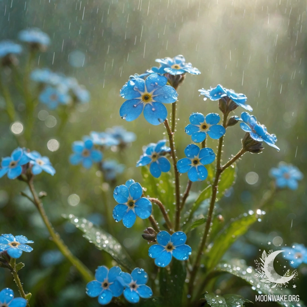 A serene scene featuring calm forget-me-nots enveloped in mist, with raindrops and sunny rays illuminating the aquamarine flowers.