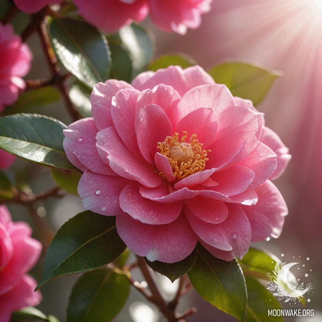 Calm Fuchsia Camellia in Sunny Rays A serene fuchsia camellia surrounded by warm sunny rays.