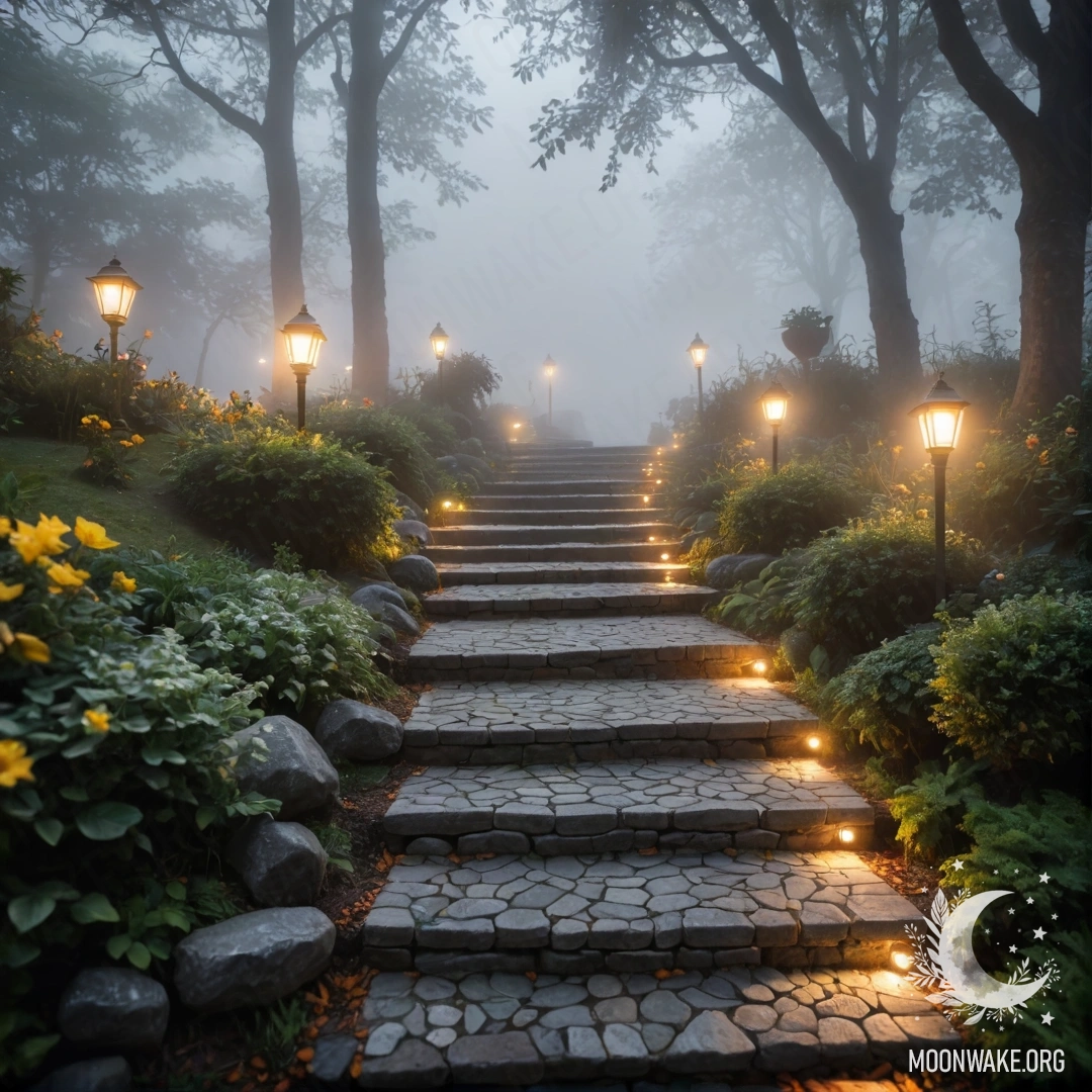 A serene garden with light garlands in dense fog and stone path.
