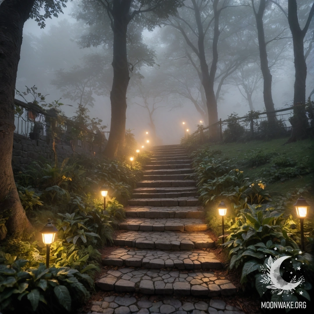 A serene garden path lined with stone, a wooden staircase and light garlands, shrouded in dense fog.