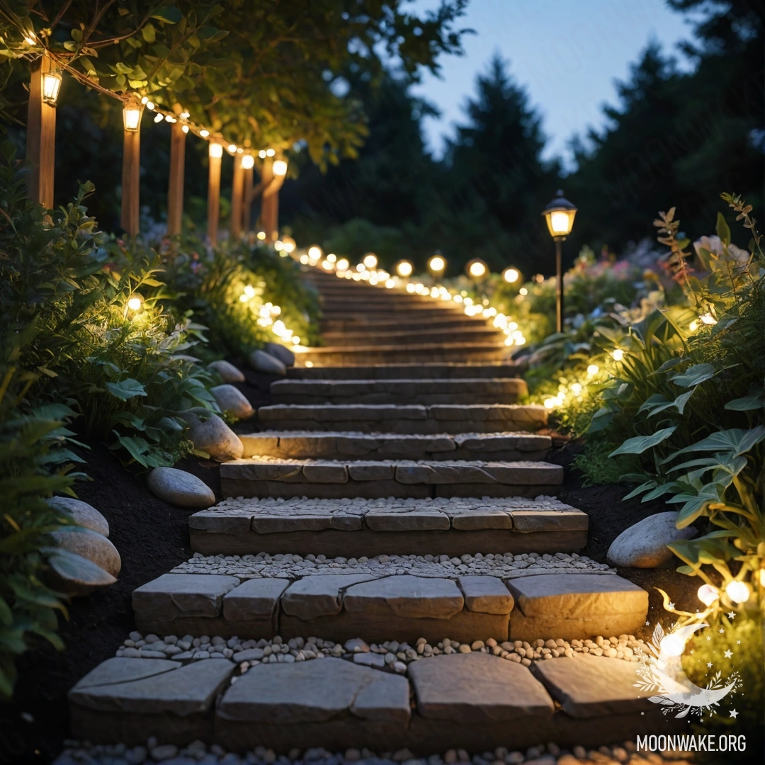 A serene garden path lined with stone and illuminated by light garlands along a wooden staircase.