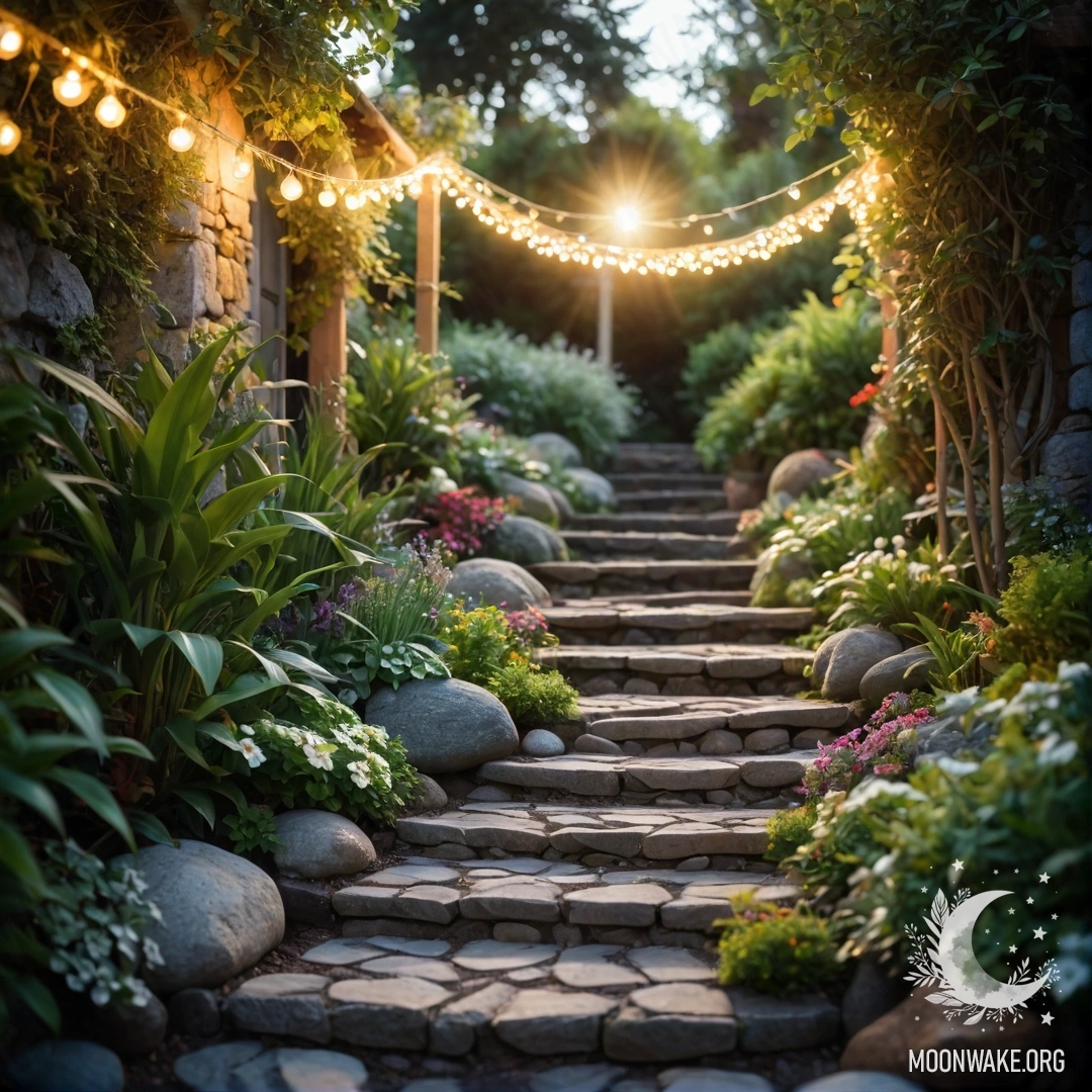A tranquil garden path made of stones, adorned with light garlands and a wooden staircase illuminated by sun rays.