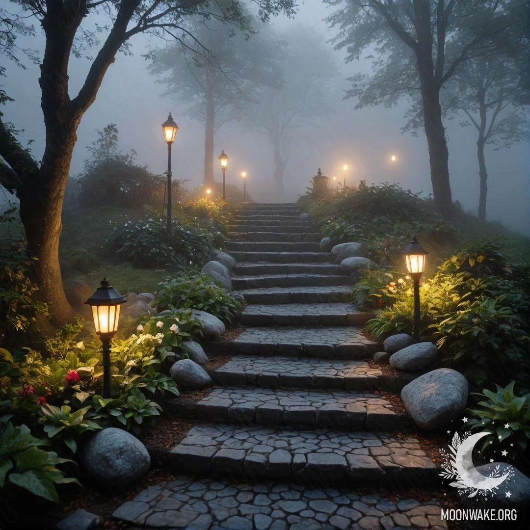 A tranquil garden shrouded in dense fog, featuring light garlands, a stone path, and a wooden staircase.