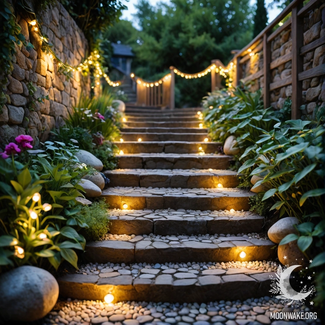 A serene garden path adorned with light garlands and a wooden staircase, surrounded by greenery.