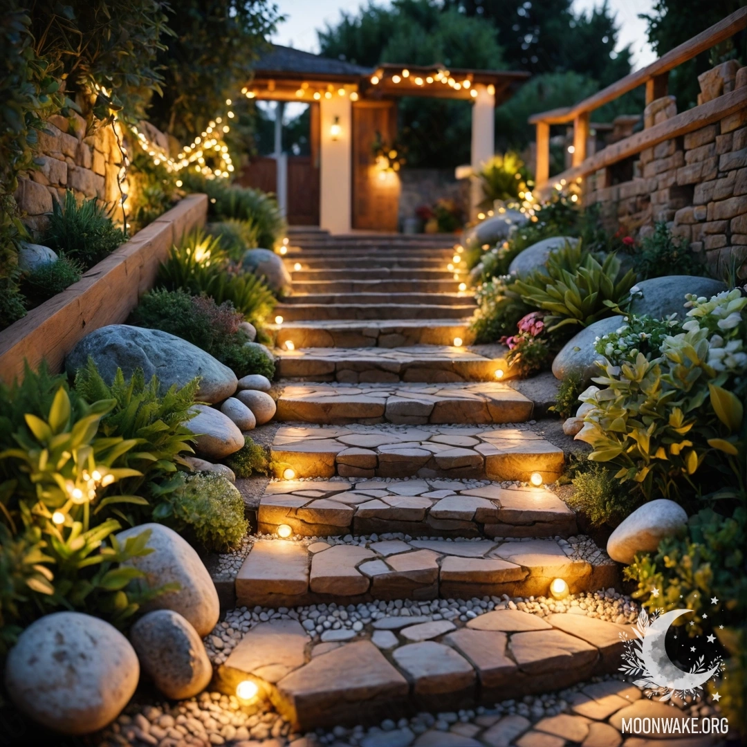A serene garden at sunset adorned with light garlands, stone path, and wooden staircase.