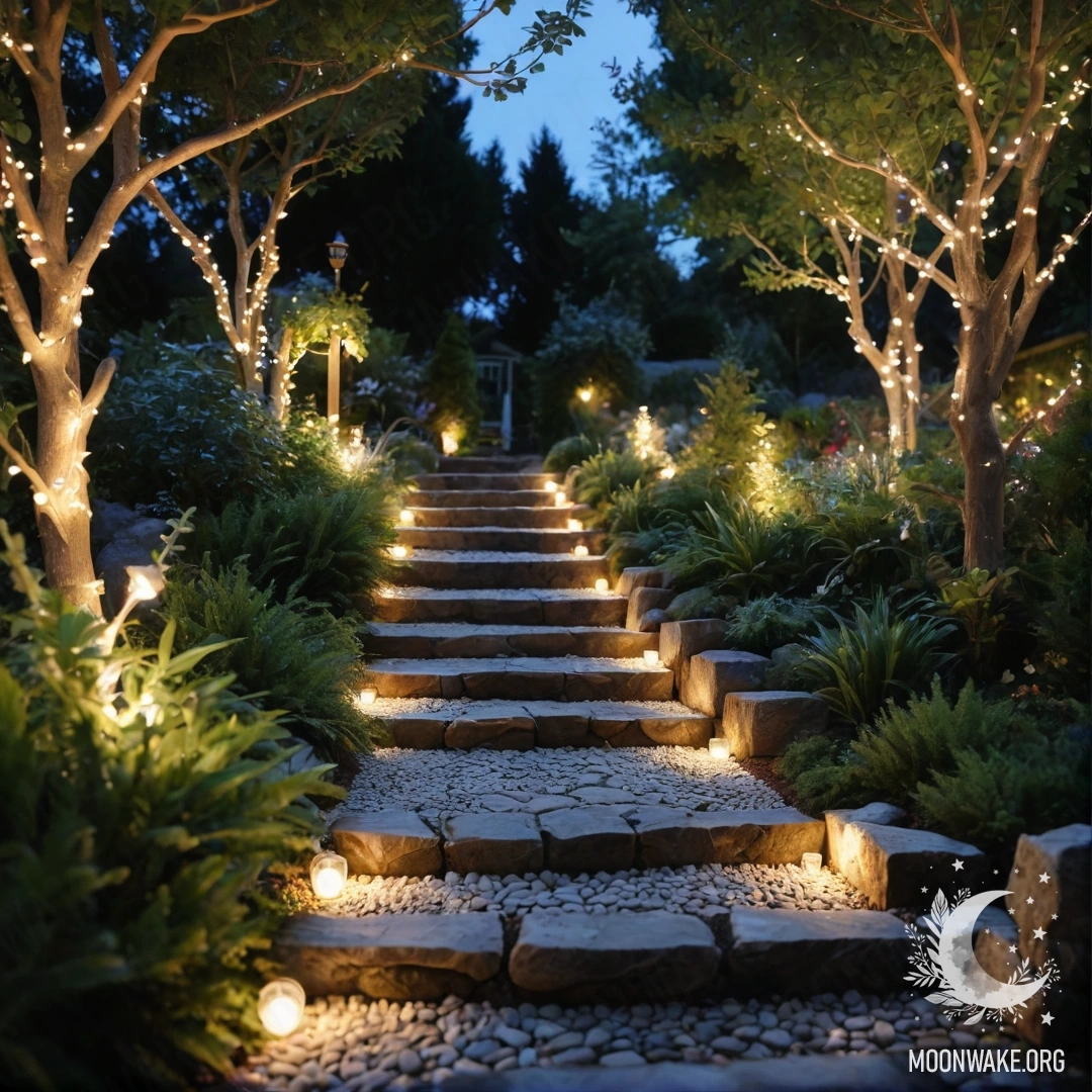 A serene garden path at night with stone stones and wooden staircase illuminated by light garlands.
