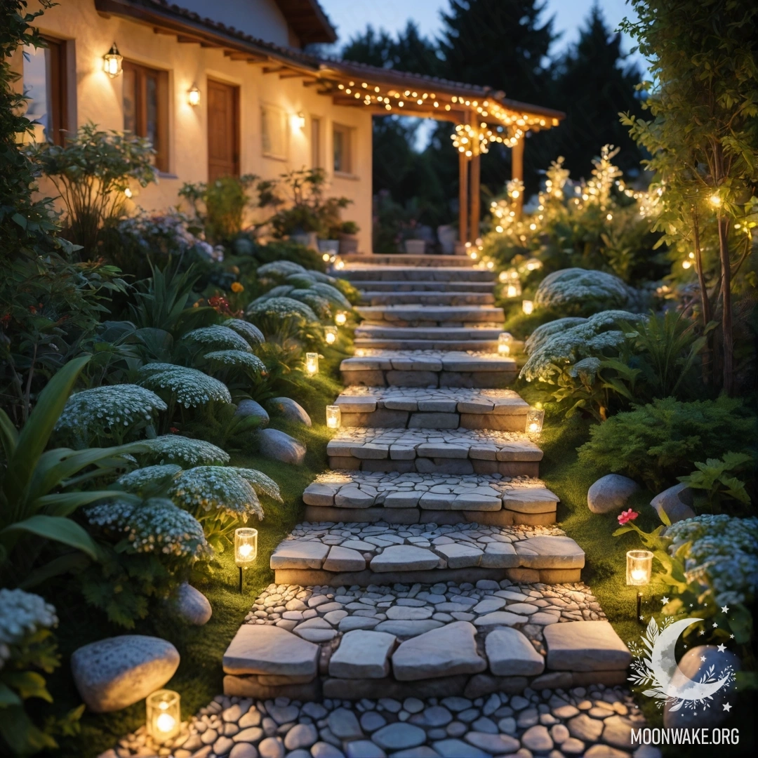 Calm Garden Path at Sunset A serene garden adorned with light garlands, featuring a stone path and a wooden staircase at sunset.