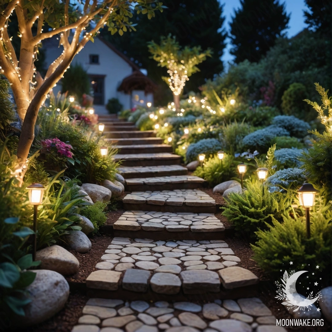A serene garden scene featuring a stone path, wooden staircase, and fairy lights.