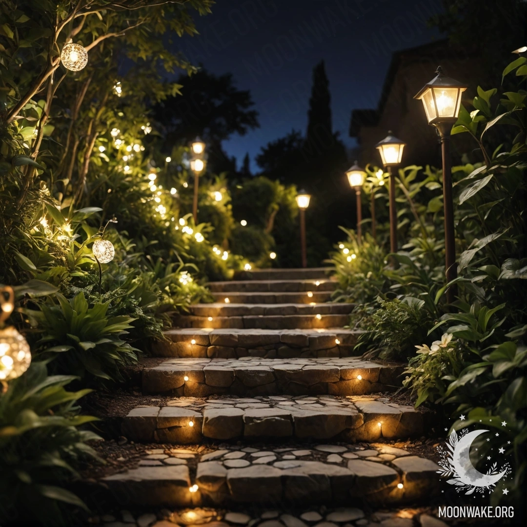 Calm Garden Path with Lights at Night A serene garden pathway lined with light garlands and a wooden staircase under the night sky.
