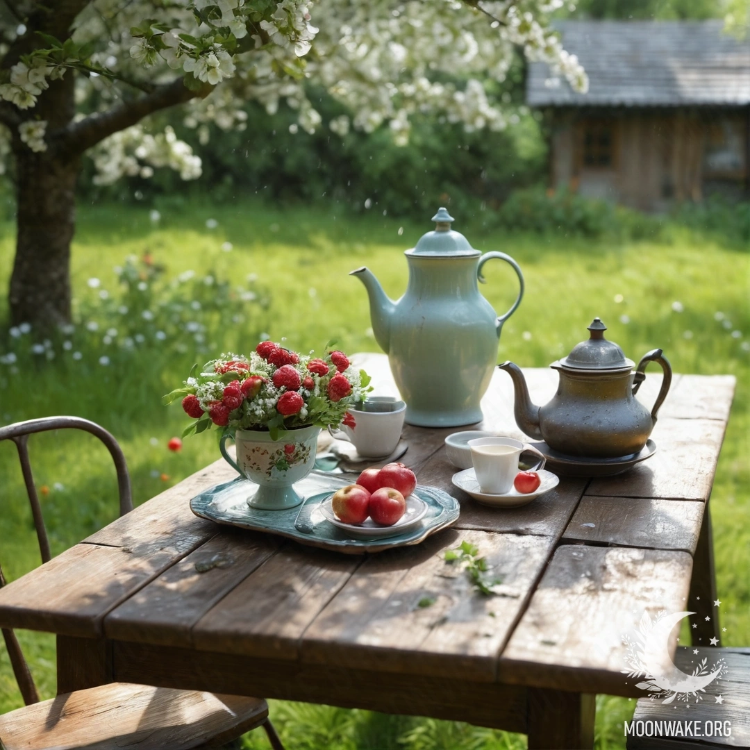 A vintage table with cups, a teapot, berries, flowers, and a bottle of milk in a rain-soaked garden under a blossoming apple tree.