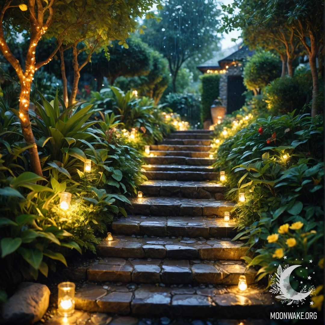 A serene garden illuminated with light garlands, featuring a stone path and wooden staircase in the rain.