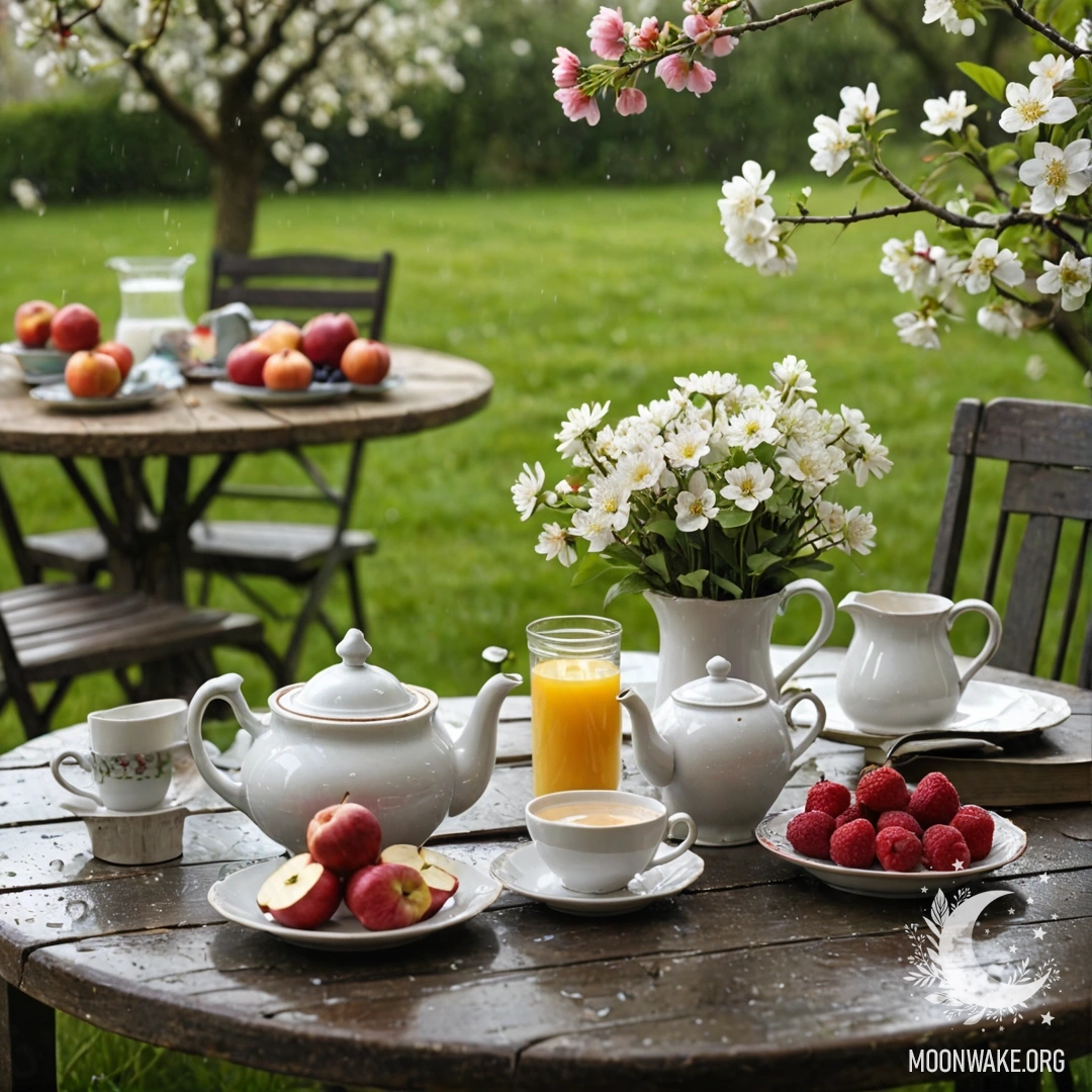 A vintage table in a garden under an apple tree, with cups, a teapot, berries, and flowers in the rain.