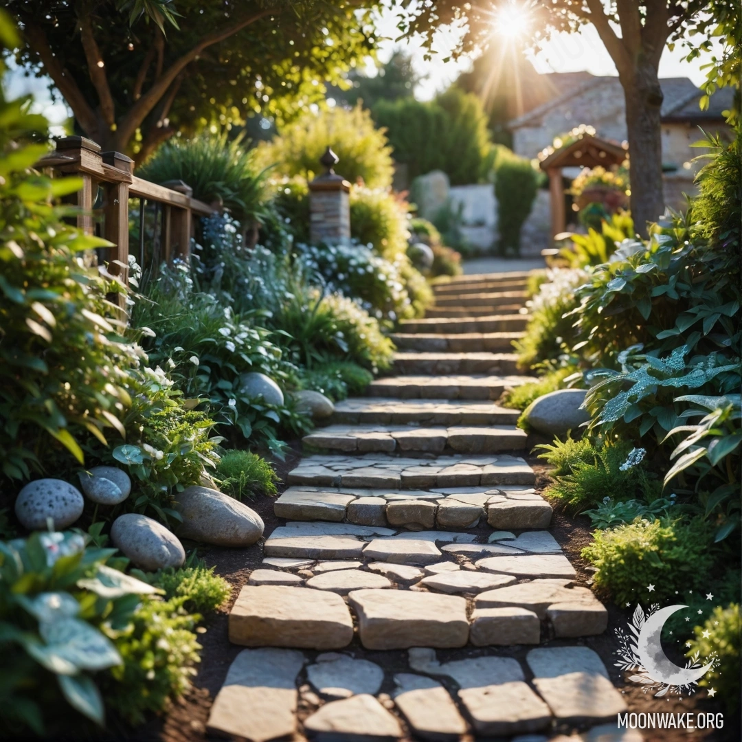 A serene garden with light garlands, stone path, and wooden stairs bathed in sunlight.