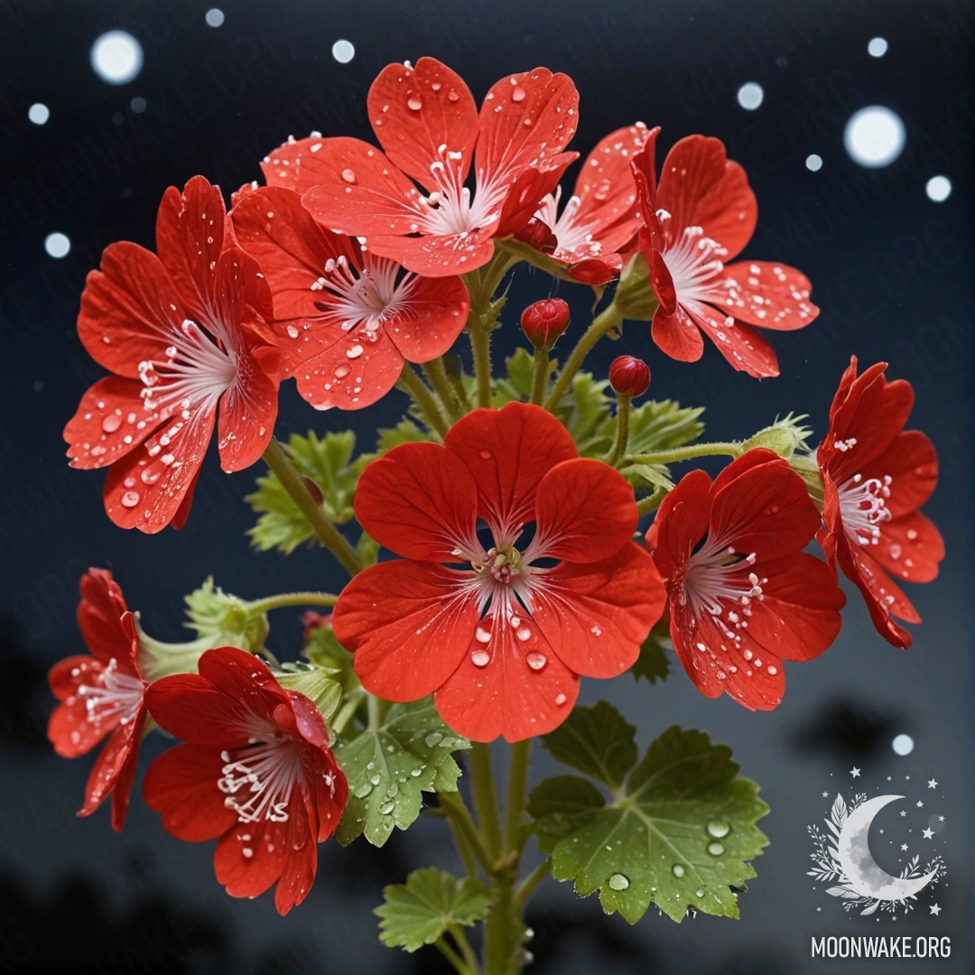 A bouquet of red geraniums adorned with dew drops at nighttime.