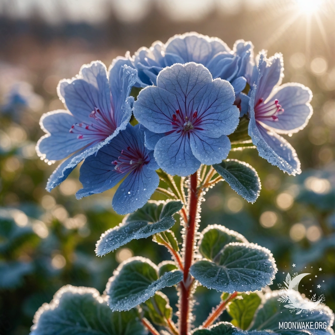 A blue geranium covered in frost, glistening under sunny rays.