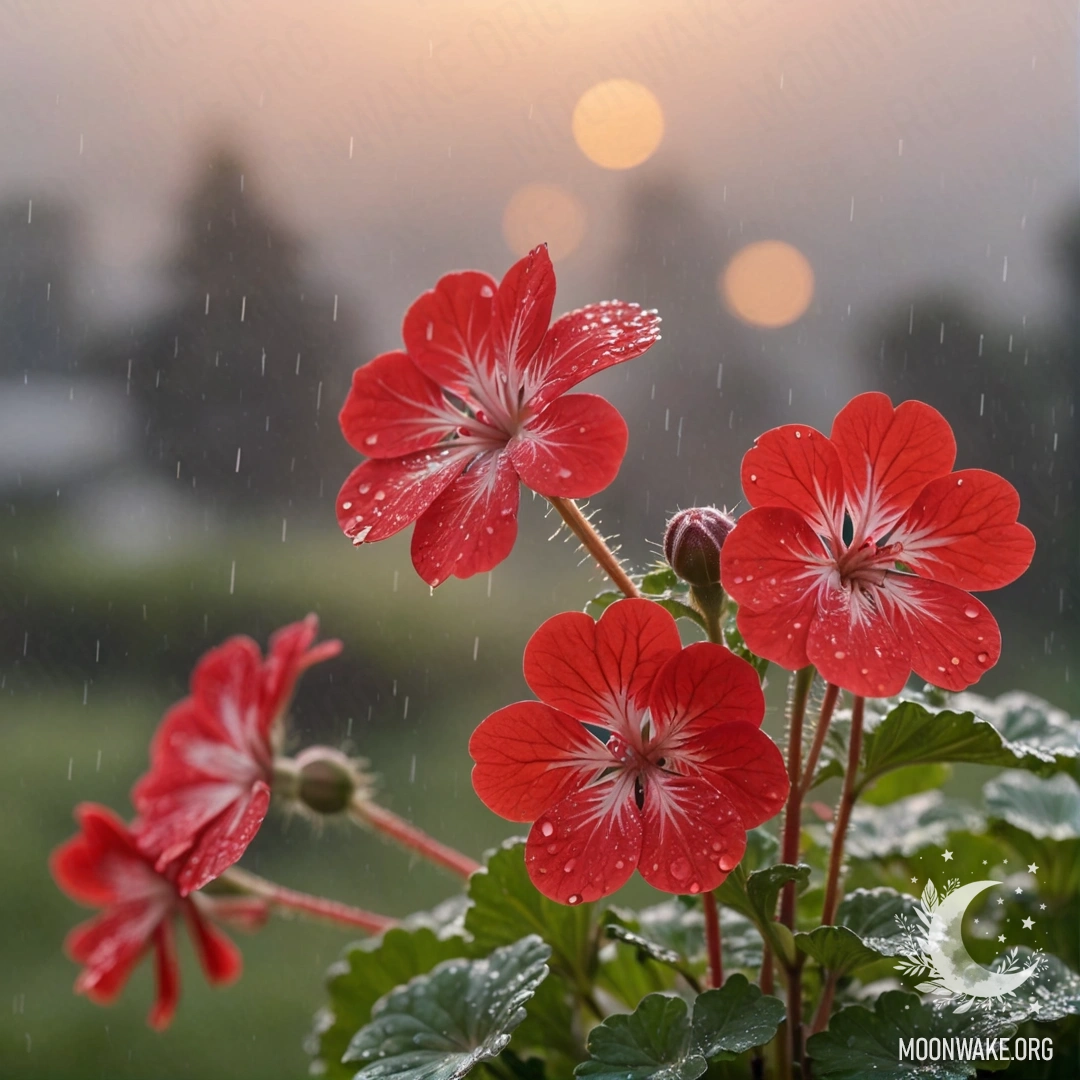 Calm Geranium in Misty Sunset Rain A red geranium surrounded by mist, illuminated by the sunset rain.