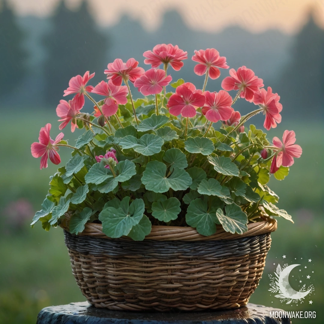 A serene geranium in a woven basket, surrounded by mist and raindrops at sunset.