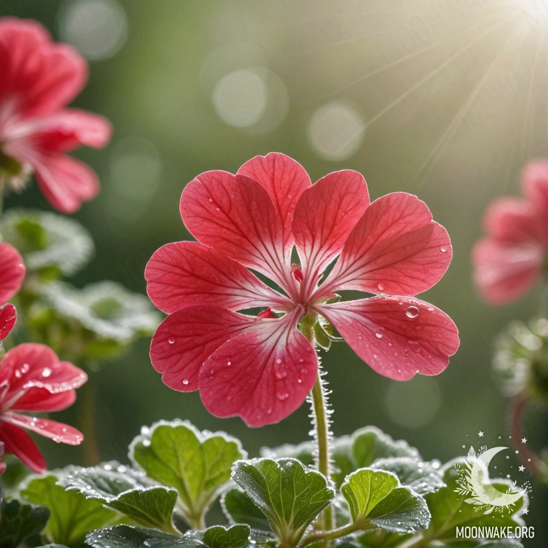 A serene geranium adorned with dew drops against a sage green background.