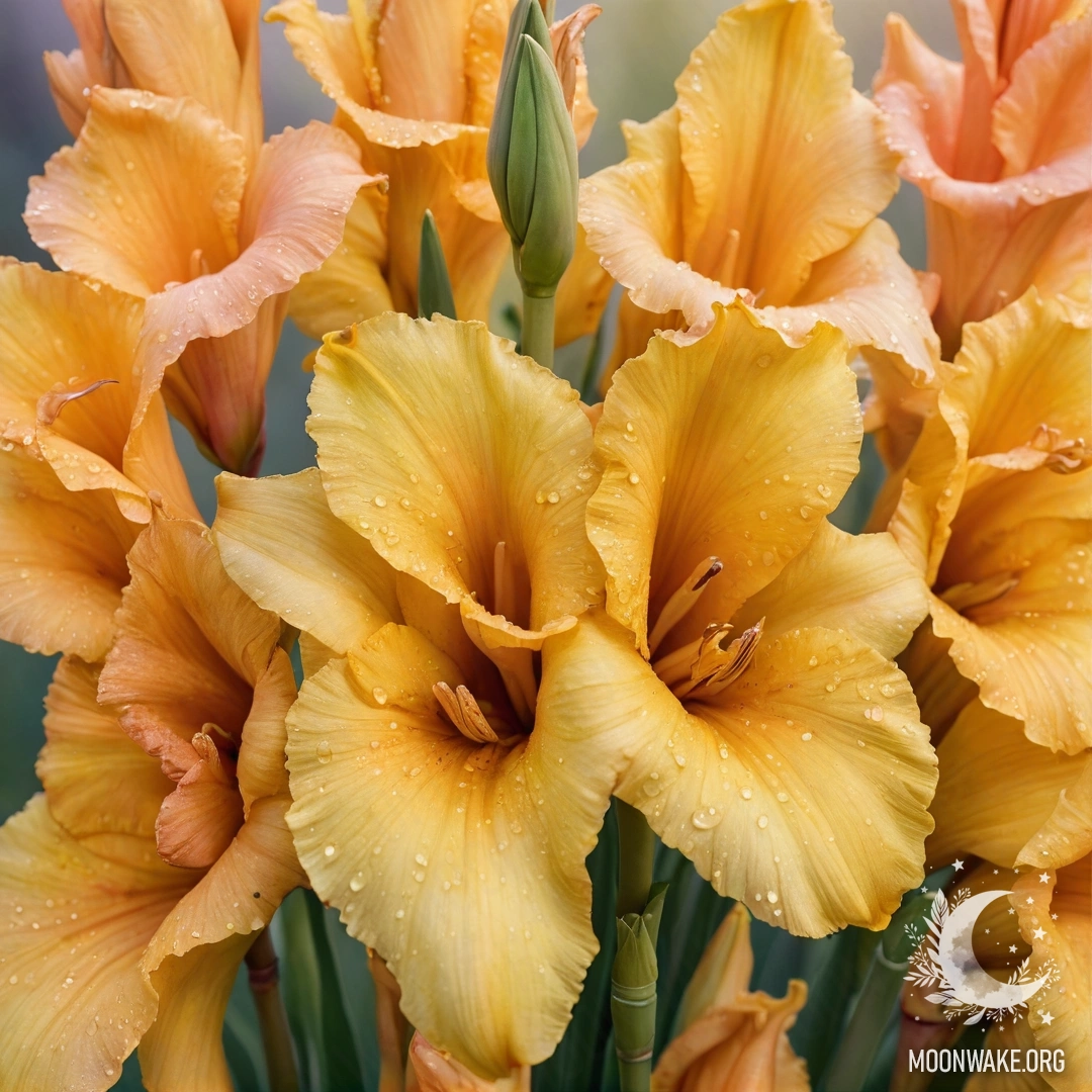 Calm Gladiolus Bouquet at Sunset A serene bouquet of yellow gladiolus flowers adorned with dew drops at sunset.