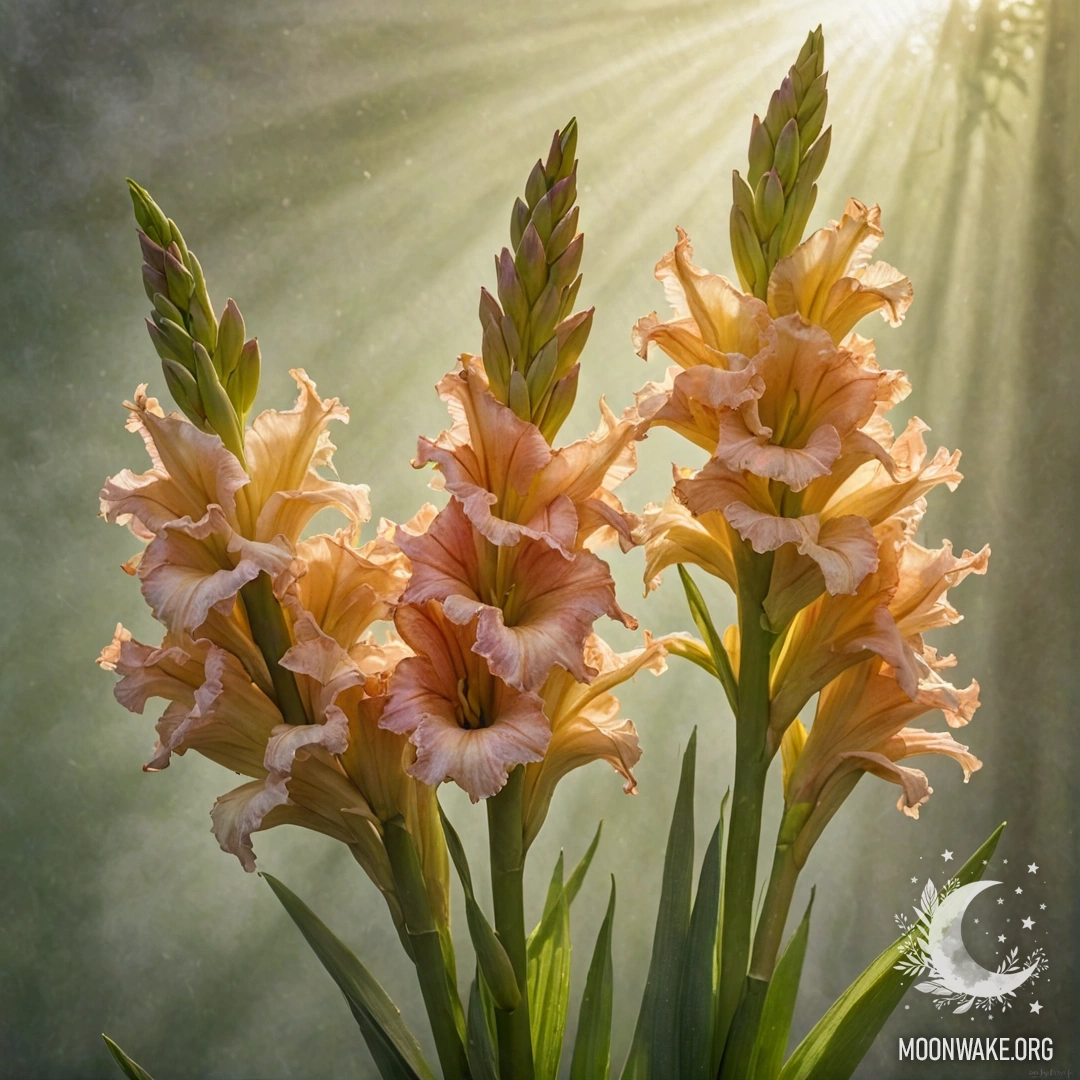 A bouquet of olive-colored gladiolus flowers in the mist, illuminated by soft sunny rays.
