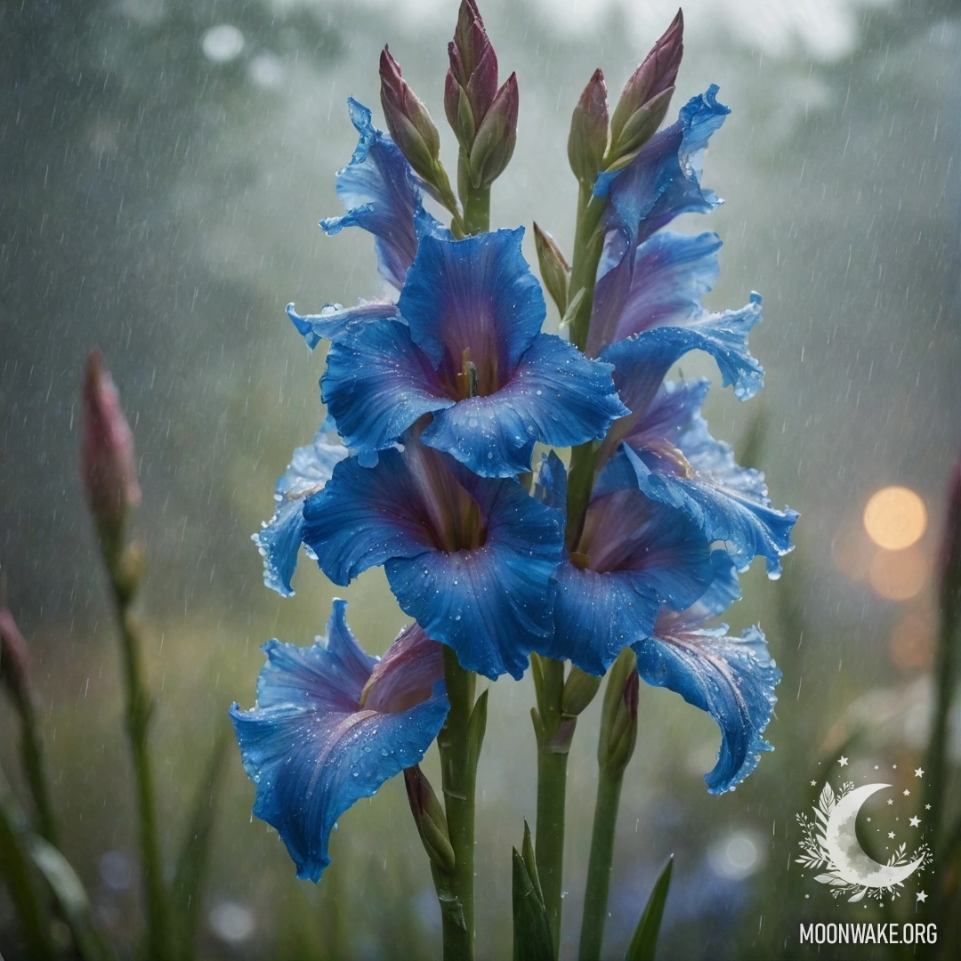 A blue gladiolus surrounded by mist, gently falling rain, and sunny rays.