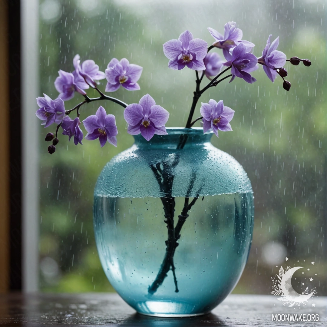 A digital painting of a calm gladiolus in an olive vase surrounded by mist and rain at sunset.