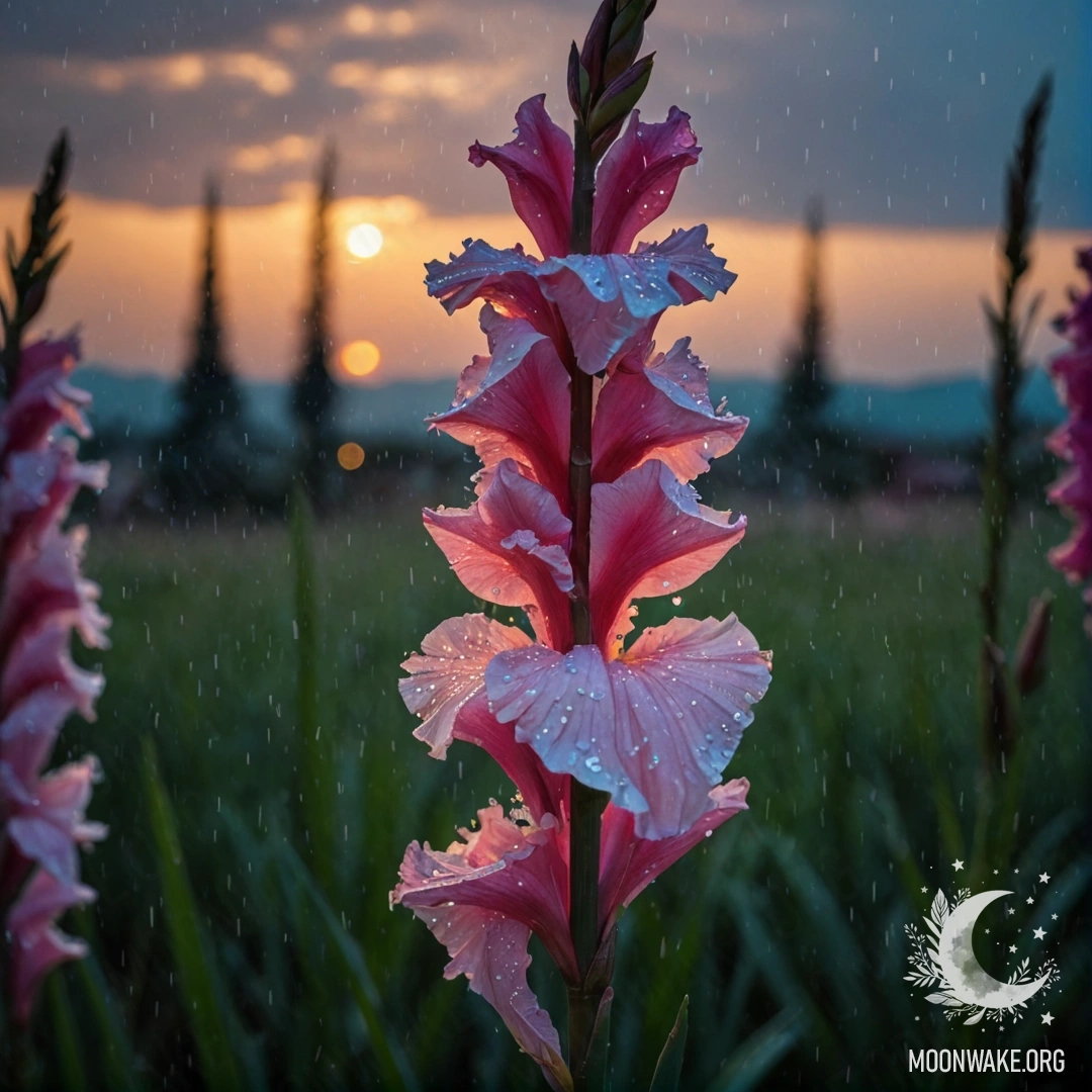 Calm Gladiolus in Rain at Sunset A serene gladiolus flower caught in the rain during sunset, with sparkling sequins reflecting the colors of the sky.