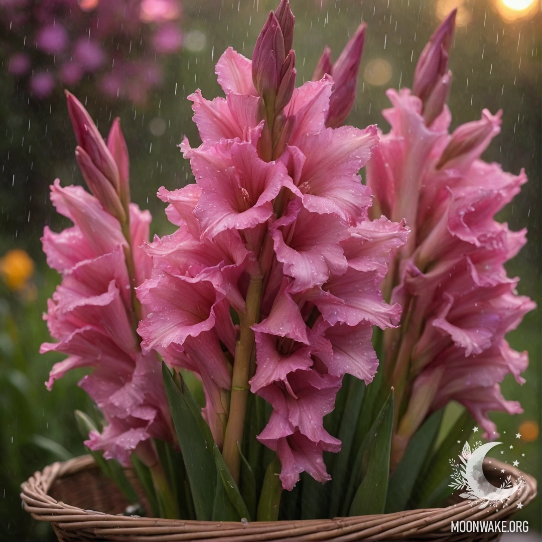 A vibrant fuchsia gladiolus in a wicker basket under raindrops at sunset.